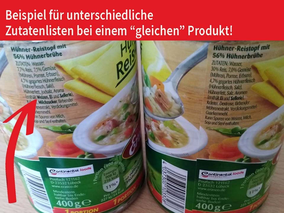 Erasco Zutatenliste - unterschiedliche Zutaten