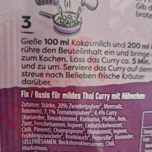 Zutatenliste - Fixpulver für Zubereitung mildes Thai Curry